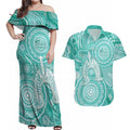 50 Years Deadly NAIDOC Week 2026 Personalised Couples Matching Off Shoulder Maxi Dress and Hawaiian Shirt Dhari Cyan Indigenous Art