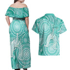 50 Years Deadly NAIDOC Week 2026 Personalised Couples Matching Off Shoulder Maxi Dress and Hawaiian Shirt Dhari Cyan Indigenous Art