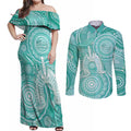 50 Years Deadly NAIDOC Week 2026 Personalised Couples Matching Off Shoulder Maxi Dress and Long Sleeve Button Shirt Dhari Cyan Indigenous Art