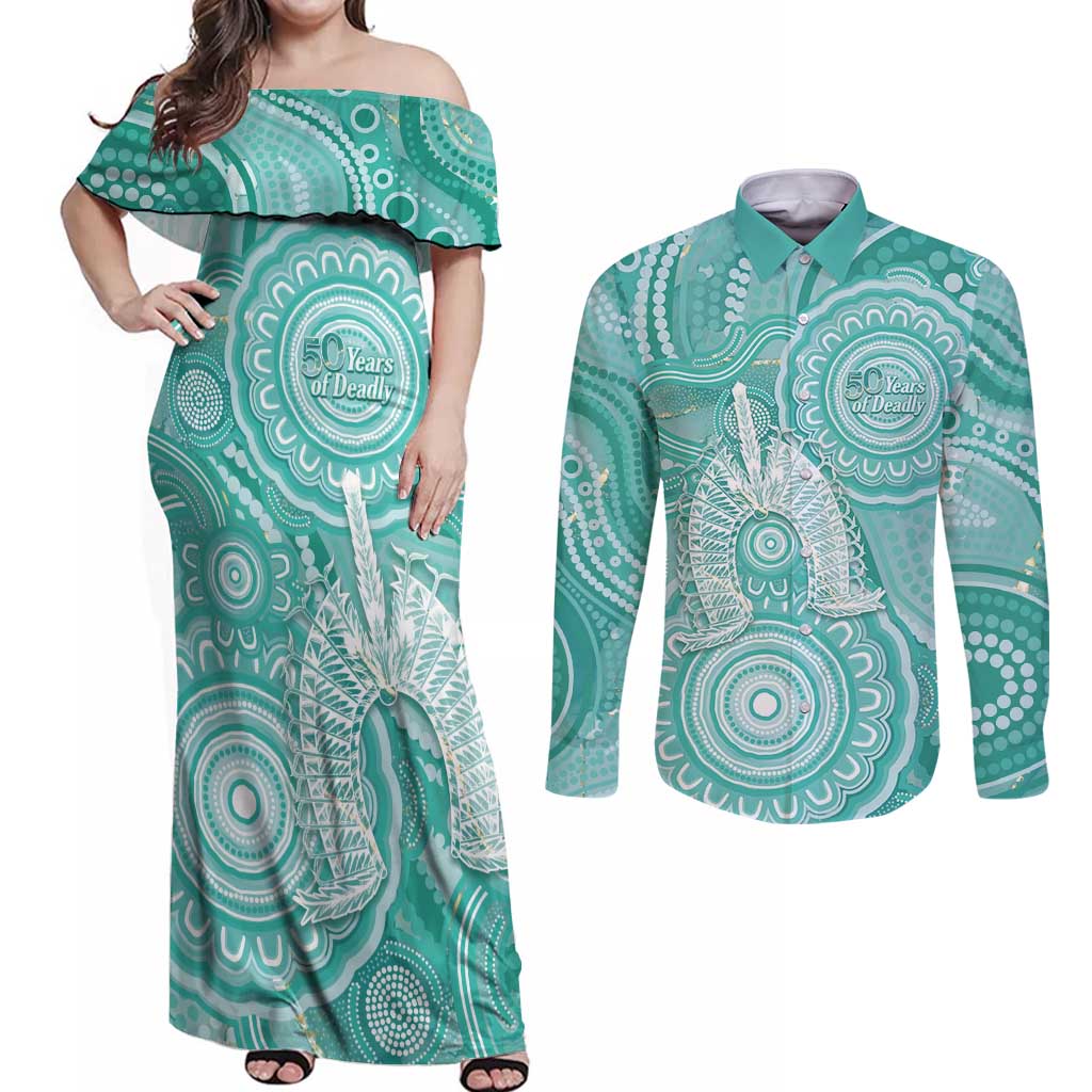 50 Years Deadly NAIDOC Week 2026 Personalised Couples Matching Off Shoulder Maxi Dress and Long Sleeve Button Shirt Dhari Cyan Indigenous Art