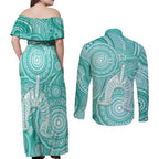 50 Years Deadly NAIDOC Week 2026 Personalised Couples Matching Off Shoulder Maxi Dress and Long Sleeve Button Shirt Dhari Cyan Indigenous Art