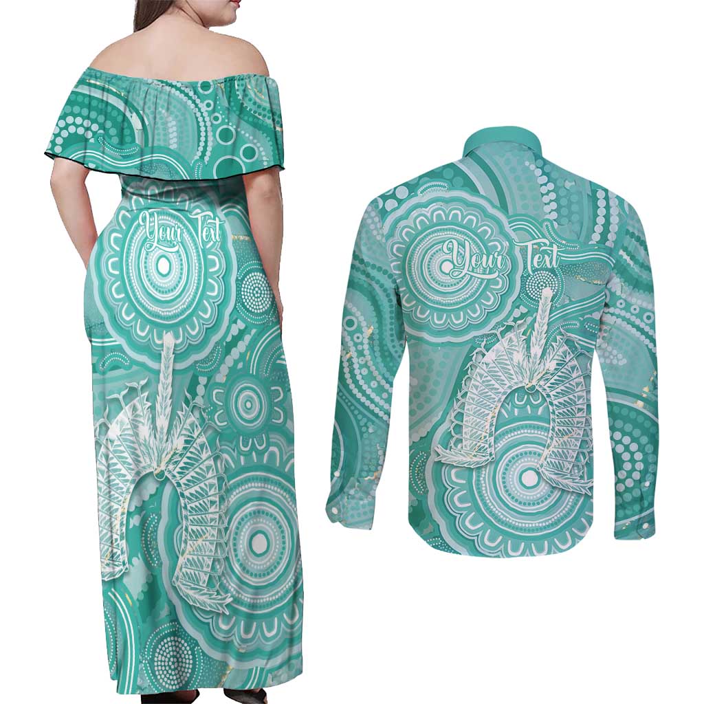 50 Years Deadly NAIDOC Week 2026 Personalised Couples Matching Off Shoulder Maxi Dress and Long Sleeve Button Shirt Dhari Cyan Indigenous Art
