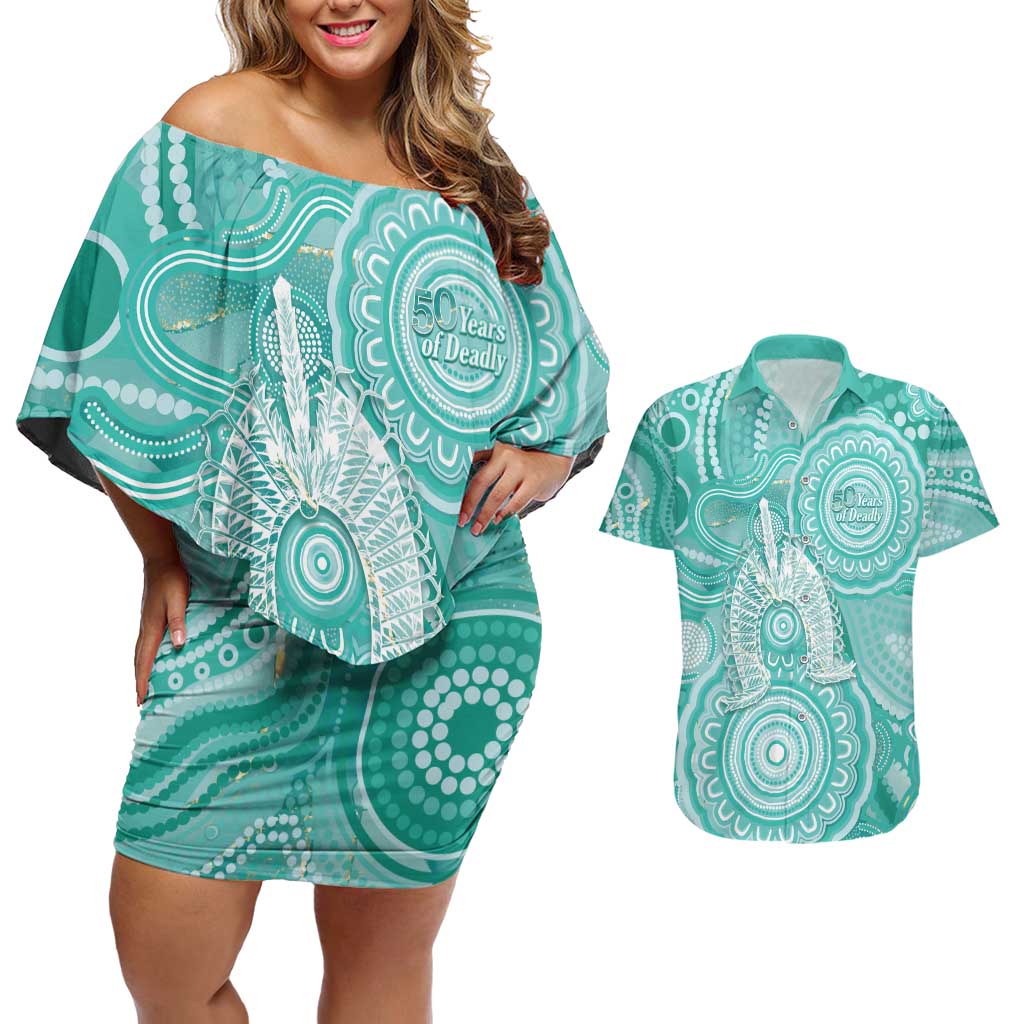 50 Years Deadly NAIDOC Week 2026 Personalised Couples Matching Off Shoulder Short Dress and Hawaiian Shirt Dhari Cyan Indigenous Art