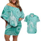 50 Years Deadly NAIDOC Week 2026 Personalised Couples Matching Off Shoulder Short Dress and Hawaiian Shirt Dhari Cyan Indigenous Art