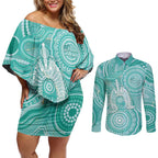 50 Years Deadly NAIDOC Week 2026 Personalised Couples Matching Off Shoulder Short Dress and Long Sleeve Button Shirt Dhari Cyan Indigenous Art