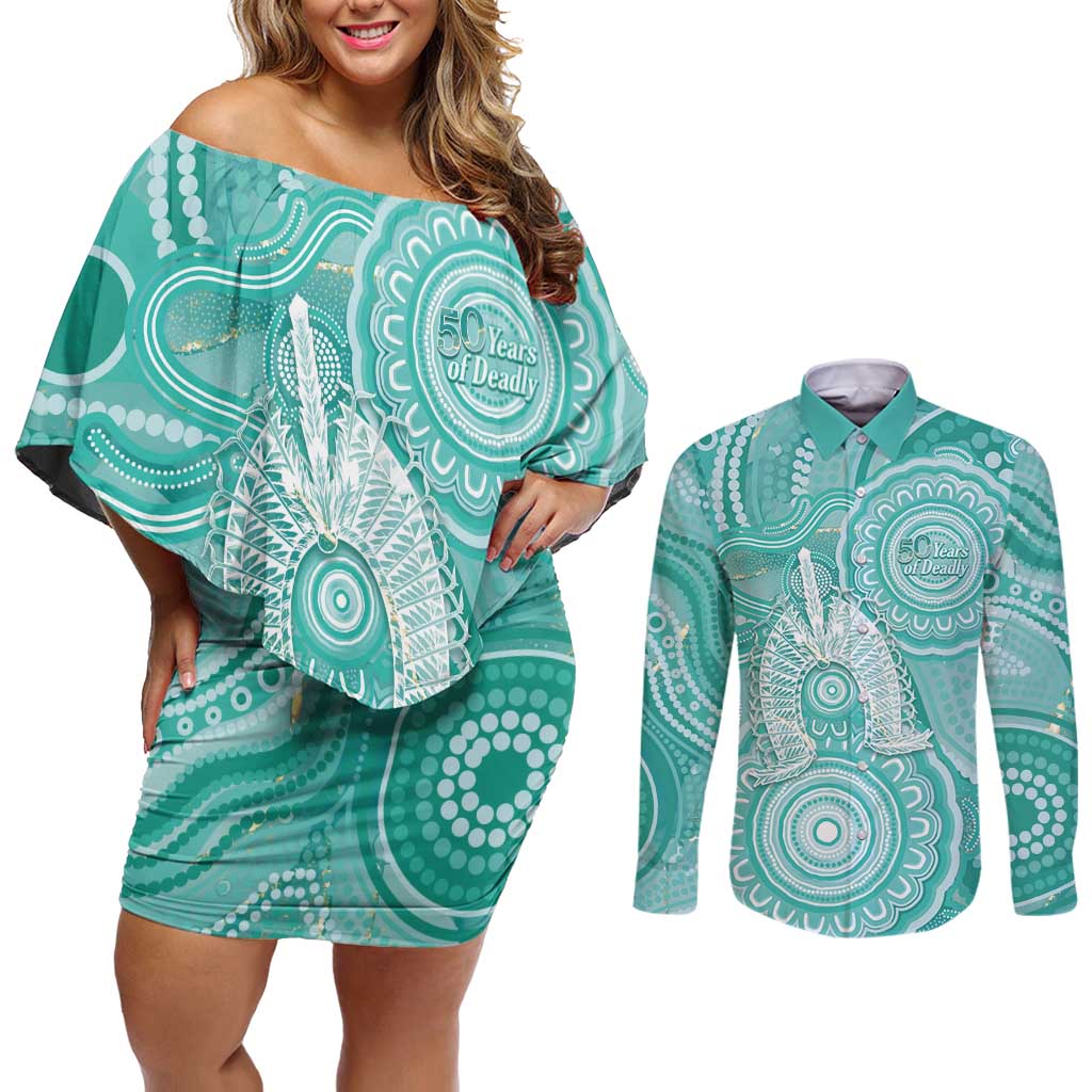 50 Years Deadly NAIDOC Week 2026 Personalised Couples Matching Off Shoulder Short Dress and Long Sleeve Button Shirt Dhari Cyan Indigenous Art