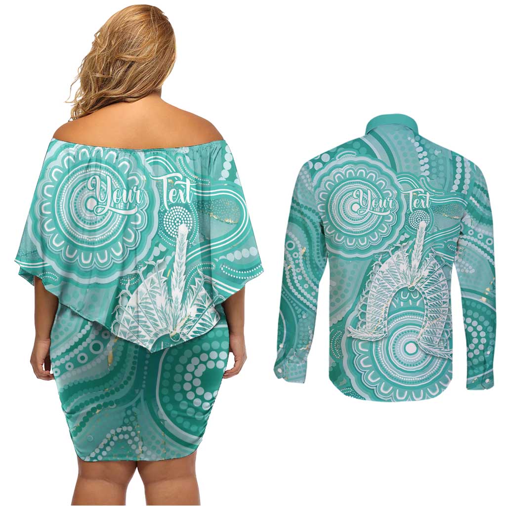 50 Years Deadly NAIDOC Week 2026 Personalised Couples Matching Off Shoulder Short Dress and Long Sleeve Button Shirt Dhari Cyan Indigenous Art