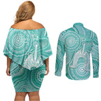 50 Years Deadly NAIDOC Week 2026 Personalised Couples Matching Off Shoulder Short Dress and Long Sleeve Button Shirt Dhari Cyan Indigenous Art