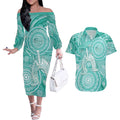 50 Years Deadly NAIDOC Week 2026 Personalised Couples Matching Off The Shoulder Long Sleeve Dress and Hawaiian Shirt Dhari Cyan Indigenous Art