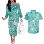 50 Years Deadly NAIDOC Week 2026 Personalised Couples Matching Off The Shoulder Long Sleeve Dress and Hawaiian Shirt Dhari Cyan Indigenous Art