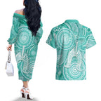 50 Years Deadly NAIDOC Week 2026 Personalised Couples Matching Off The Shoulder Long Sleeve Dress and Hawaiian Shirt Dhari Cyan Indigenous Art
