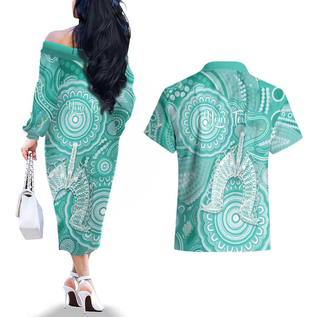 50 Years Deadly NAIDOC Week 2026 Personalised Couples Matching Off The Shoulder Long Sleeve Dress and Hawaiian Shirt Dhari Cyan Indigenous Art
