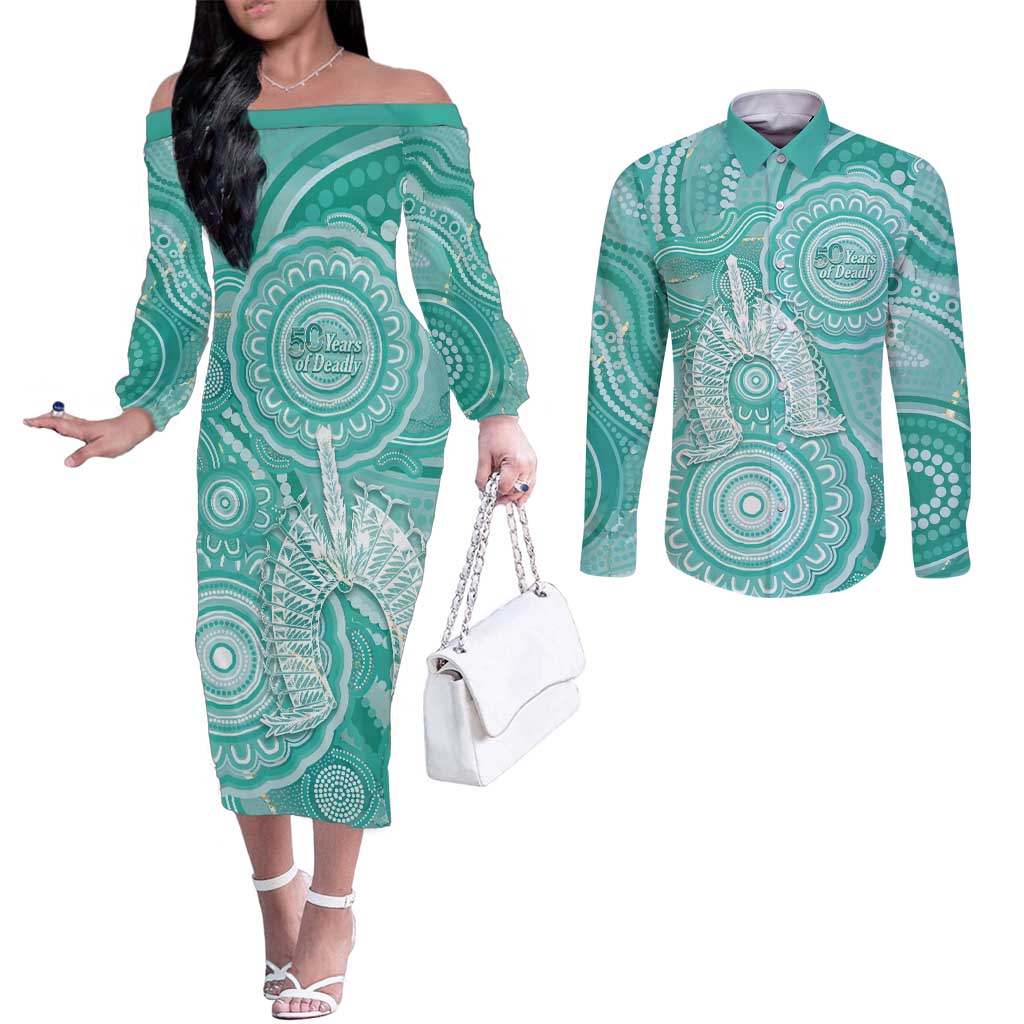 50 Years Deadly NAIDOC Week 2026 Personalised Couples Matching Off The Shoulder Long Sleeve Dress and Long Sleeve Button Shirt Dhari Cyan Indigenous Art