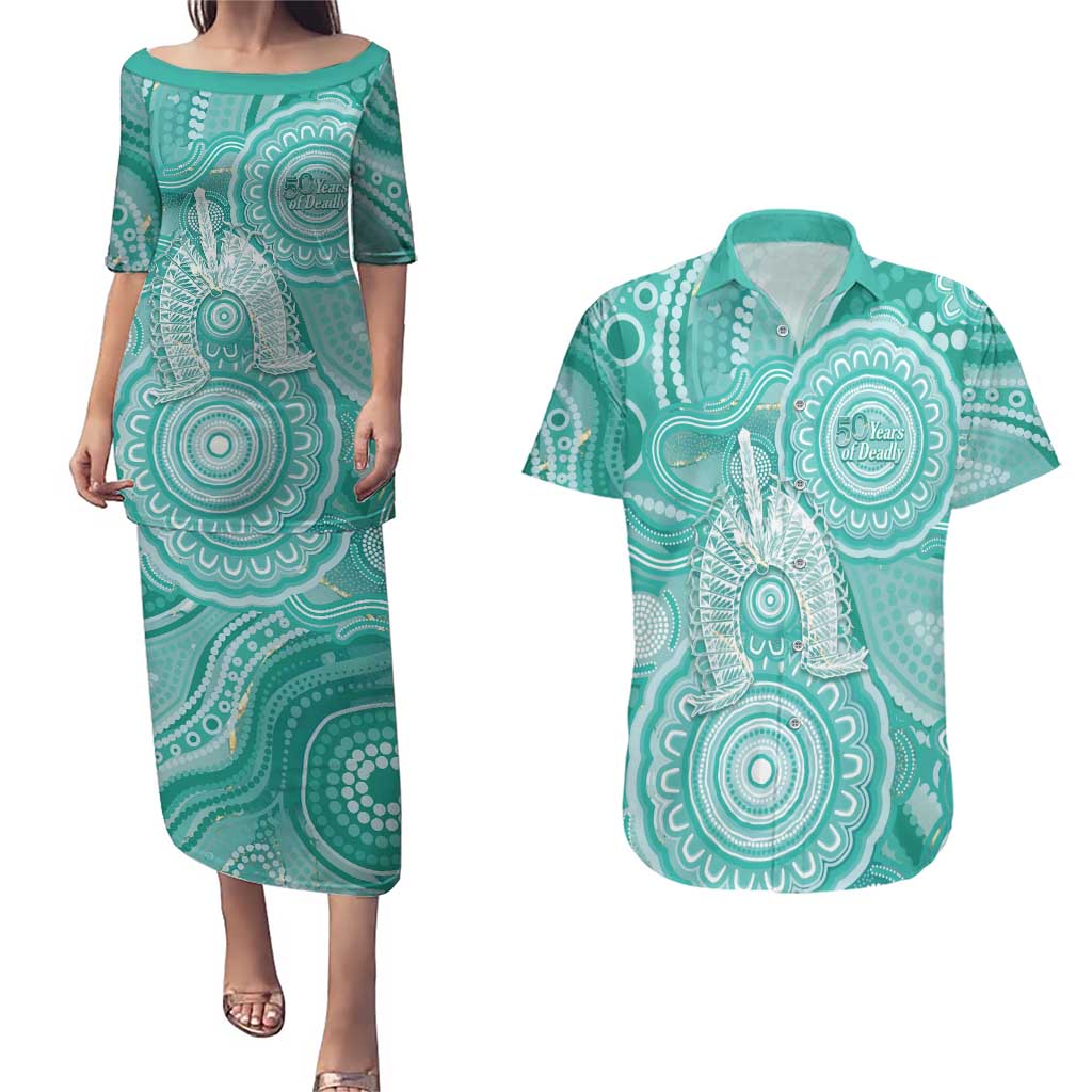 50 Years Deadly NAIDOC Week 2026 Personalised Couples Matching Puletasi and Hawaiian Shirt Dhari Cyan Indigenous Art