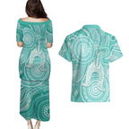 50 Years Deadly NAIDOC Week 2026 Personalised Couples Matching Puletasi and Hawaiian Shirt Dhari Cyan Indigenous Art
