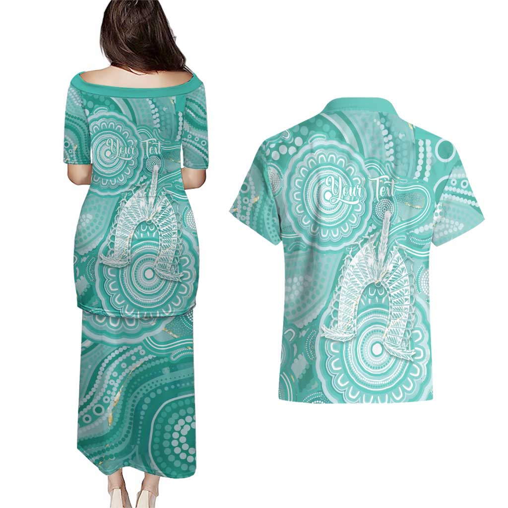 50 Years Deadly NAIDOC Week 2026 Personalised Couples Matching Puletasi and Hawaiian Shirt Dhari Cyan Indigenous Art