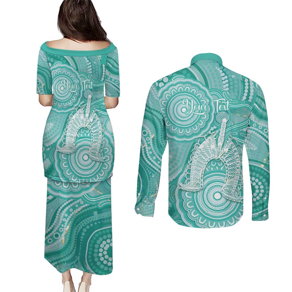 50 Years Deadly NAIDOC Week 2026 Personalised Couples Matching Puletasi and Long Sleeve Button Shirt Dhari Cyan Indigenous Art
