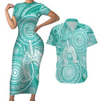 50 Years Deadly NAIDOC Week 2026 Personalised Couples Matching Short Sleeve Bodycon Dress and Hawaiian Shirt Dhari Cyan Indigenous Art