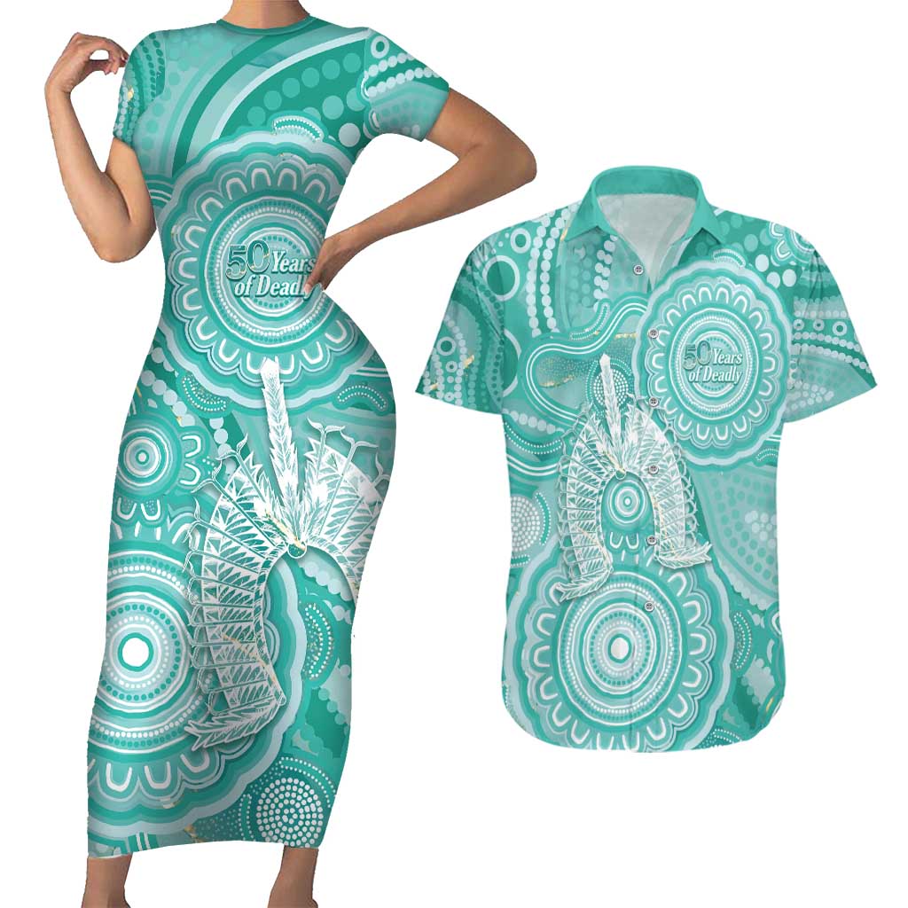 50 Years Deadly NAIDOC Week 2026 Personalised Couples Matching Short Sleeve Bodycon Dress and Hawaiian Shirt Dhari Cyan Indigenous Art