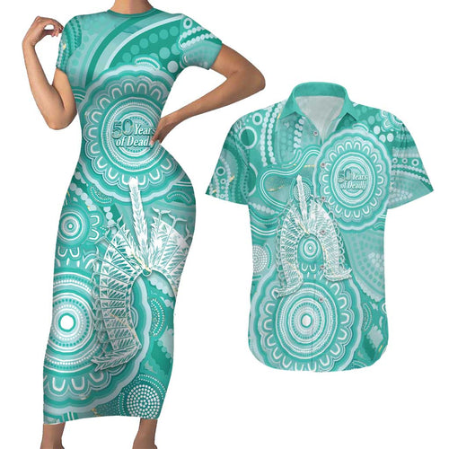 50 Years Deadly NAIDOC Week 2026 Personalised Couples Matching Short Sleeve Bodycon Dress and Hawaiian Shirt Dhari Cyan Indigenous Art