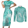 50 Years Deadly NAIDOC Week 2026 Personalised Couples Matching Short Sleeve Bodycon Dress and Long Sleeve Button Shirt Dhari Cyan Indigenous Art