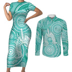 50 Years Deadly NAIDOC Week 2026 Personalised Couples Matching Short Sleeve Bodycon Dress and Long Sleeve Button Shirt Dhari Cyan Indigenous Art