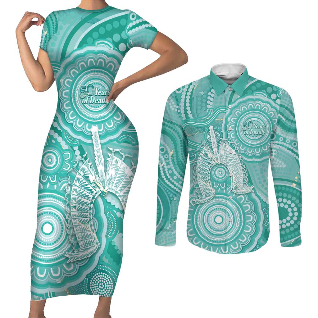 50 Years Deadly NAIDOC Week 2026 Personalised Couples Matching Short Sleeve Bodycon Dress and Long Sleeve Button Shirt Dhari Cyan Indigenous Art