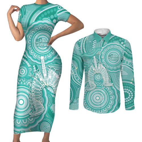 50 Years Deadly NAIDOC Week 2026 Personalised Couples Matching Short Sleeve Bodycon Dress and Long Sleeve Button Shirt Dhari Cyan Indigenous Art
