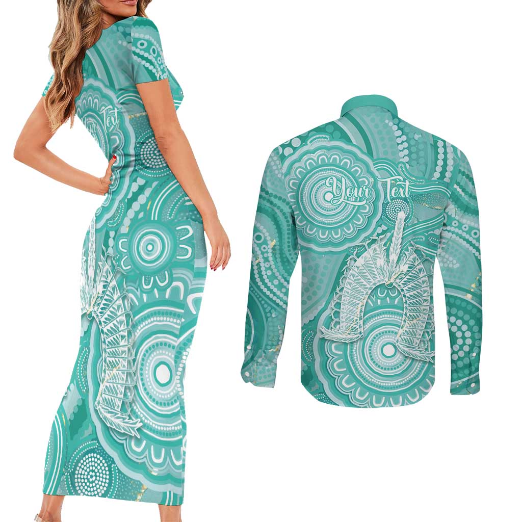 50 Years Deadly NAIDOC Week 2026 Personalised Couples Matching Short Sleeve Bodycon Dress and Long Sleeve Button Shirt Dhari Cyan Indigenous Art
