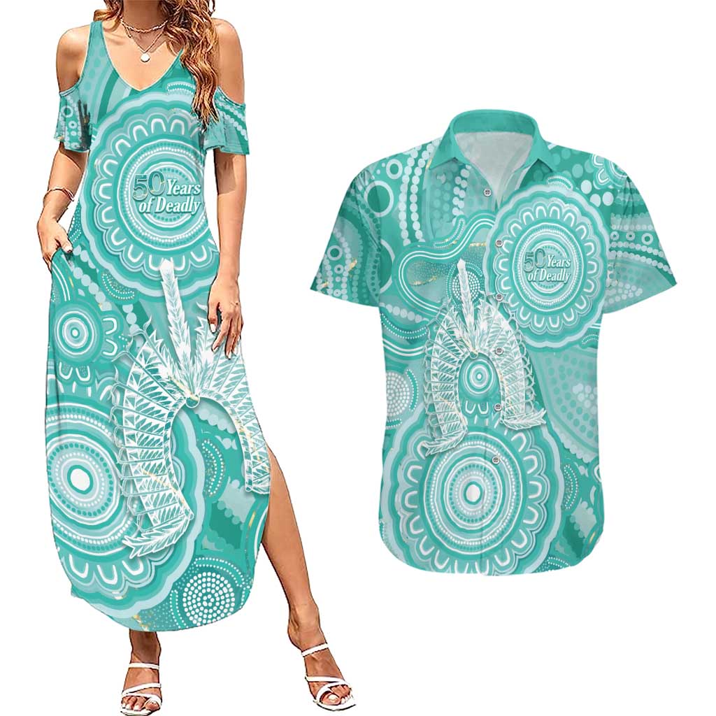 50 Years Deadly NAIDOC Week 2026 Personalised Couples Matching Summer Maxi Dress and Hawaiian Shirt Dhari Cyan Indigenous Art