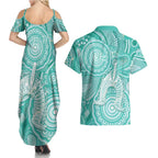 50 Years Deadly NAIDOC Week 2026 Personalised Couples Matching Summer Maxi Dress and Hawaiian Shirt Dhari Cyan Indigenous Art