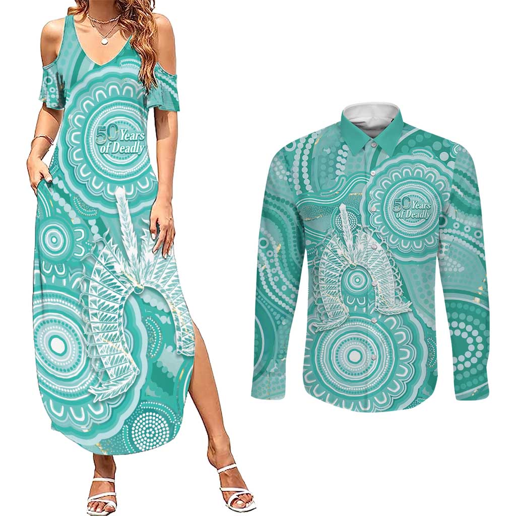 50 Years Deadly NAIDOC Week 2026 Personalised Couples Matching Summer Maxi Dress and Long Sleeve Button Shirt Dhari Cyan Indigenous Art