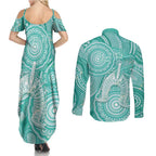 50 Years Deadly NAIDOC Week 2026 Personalised Couples Matching Summer Maxi Dress and Long Sleeve Button Shirt Dhari Cyan Indigenous Art