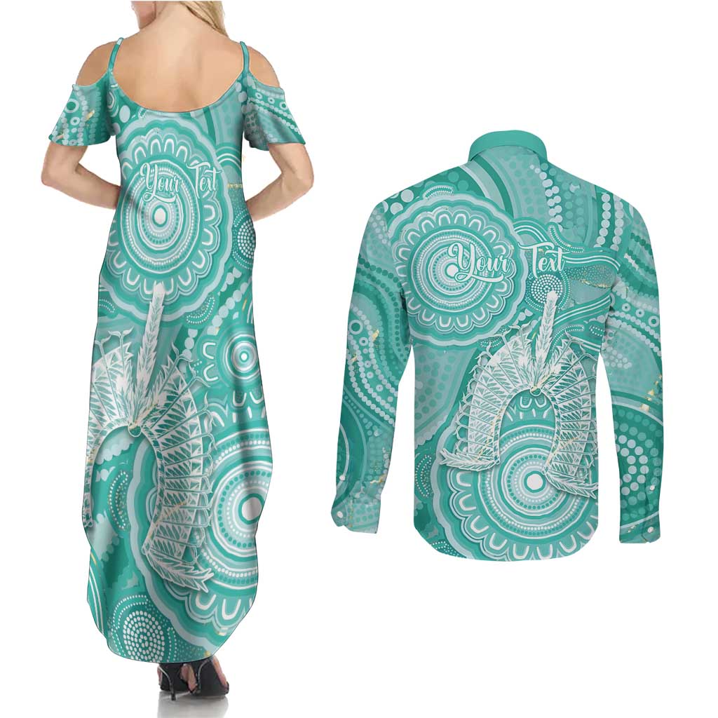 50 Years Deadly NAIDOC Week 2026 Personalised Couples Matching Summer Maxi Dress and Long Sleeve Button Shirt Dhari Cyan Indigenous Art