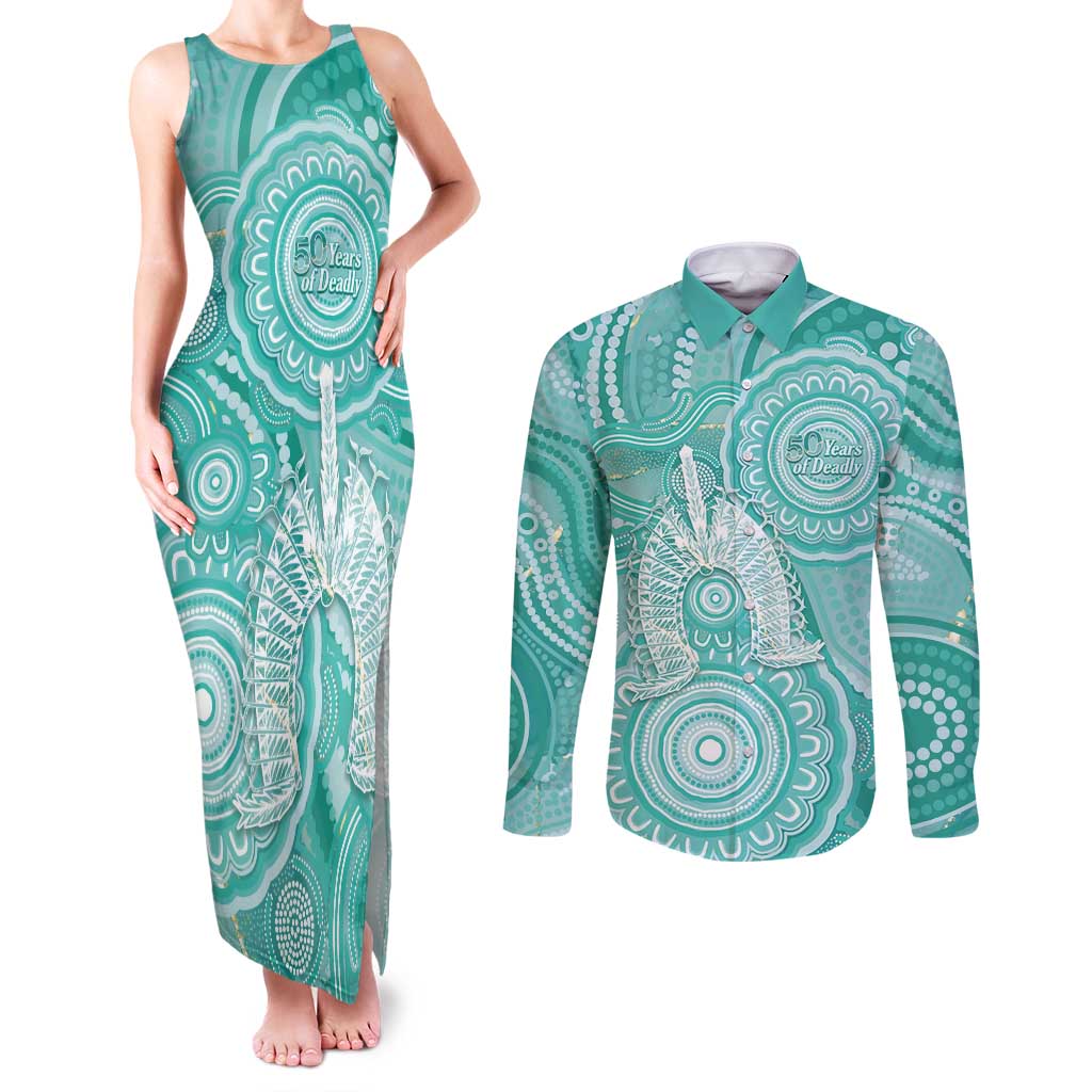 50 Years Deadly NAIDOC Week 2026 Personalised Couples Matching Tank Maxi Dress and Long Sleeve Button Shirt Dhari Cyan Indigenous Art