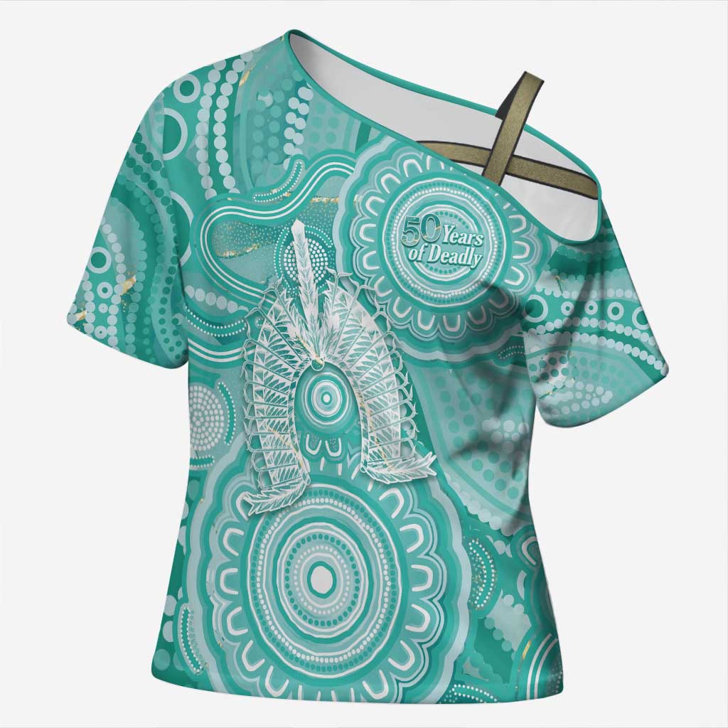 50 Years Deadly NAIDOC Week 2026 Personalised Cross Shoulder Shirt Dhari Cyan Indigenous Art