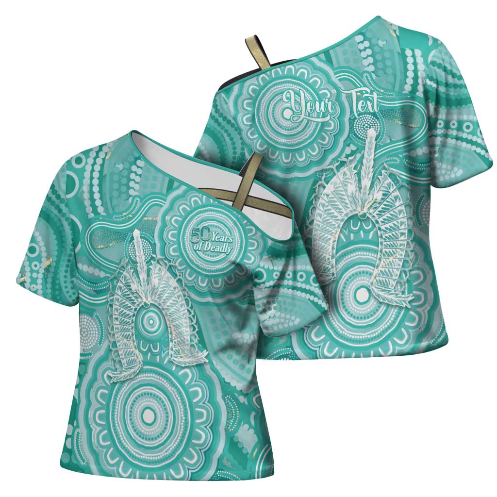 50 Years Deadly NAIDOC Week 2026 Personalised Cross Shoulder Shirt Dhari Cyan Indigenous Art