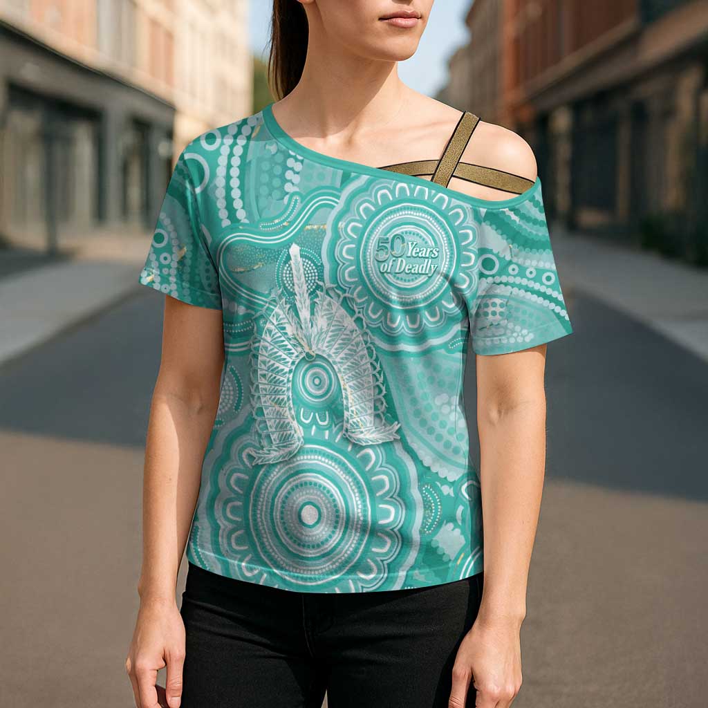 50 Years Deadly NAIDOC Week 2026 Personalised Cross Shoulder Shirt Dhari Cyan Indigenous Art