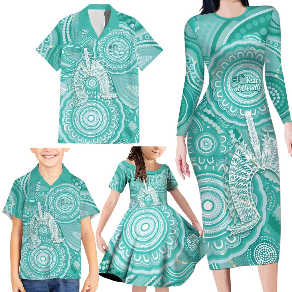50 Years Deadly NAIDOC Week 2026 Personalised Family Matching Long Sleeve Bodycon Dress and Hawaiian Shirt Dhari Cyan Indigenous Art