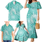 50 Years Deadly NAIDOC Week 2026 Personalised Family Matching Mermaid Dress and Hawaiian Shirt Dhari Cyan Indigenous Art