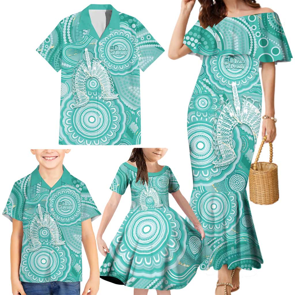 50 Years Deadly NAIDOC Week 2026 Personalised Family Matching Mermaid Dress and Hawaiian Shirt Dhari Cyan Indigenous Art