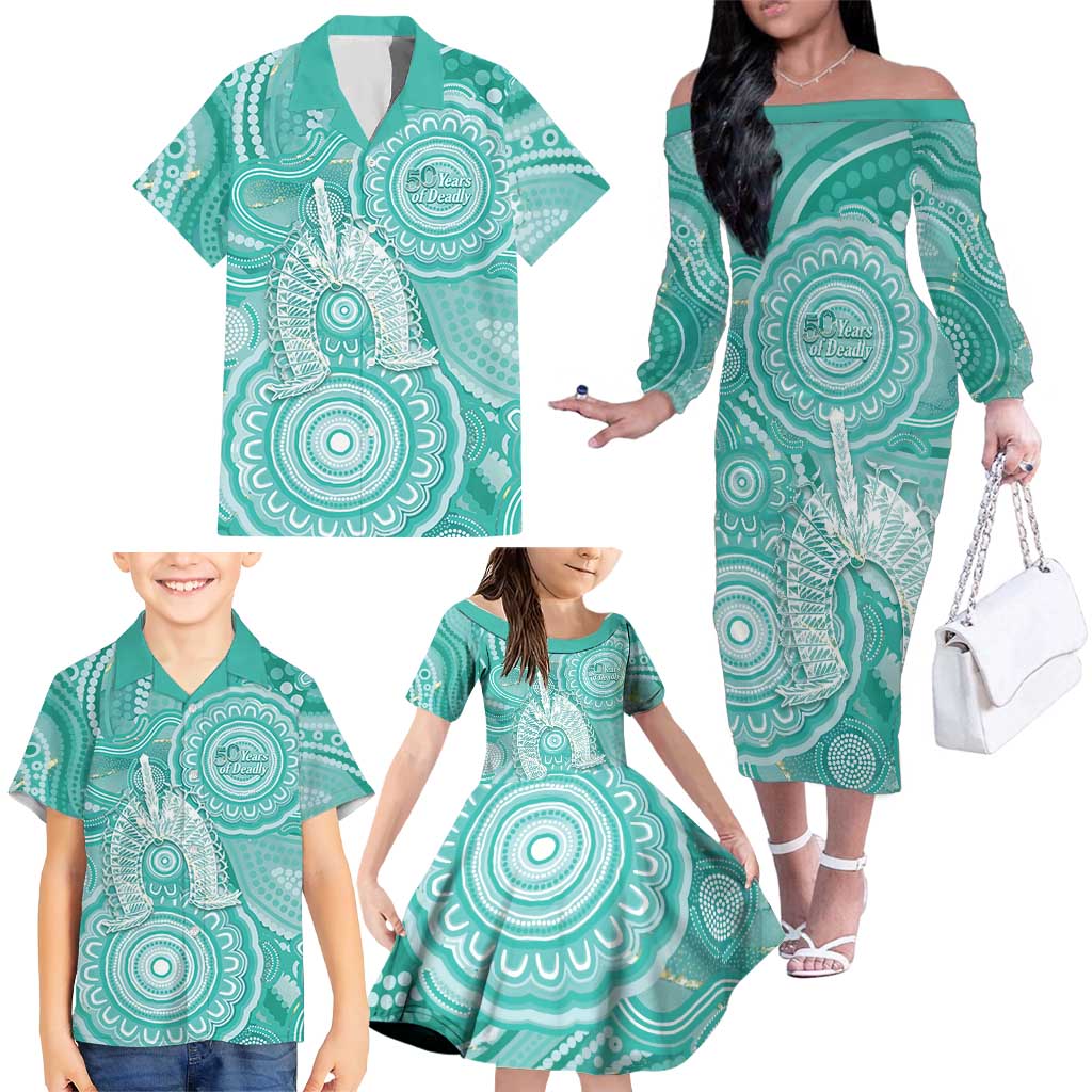 50 Years Deadly NAIDOC Week 2026 Personalised Family Matching Off The Shoulder Long Sleeve Dress and Hawaiian Shirt Dhari Cyan Indigenous Art