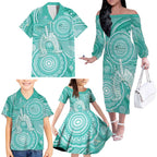 50 Years Deadly NAIDOC Week 2026 Personalised Family Matching Off The Shoulder Long Sleeve Dress and Hawaiian Shirt Dhari Cyan Indigenous Art