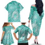 50 Years Deadly NAIDOC Week 2026 Personalised Family Matching Off The Shoulder Long Sleeve Dress and Hawaiian Shirt Dhari Cyan Indigenous Art