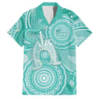50 Years Deadly NAIDOC Week 2026 Personalised Family Matching Off The Shoulder Long Sleeve Dress and Hawaiian Shirt Dhari Cyan Indigenous Art