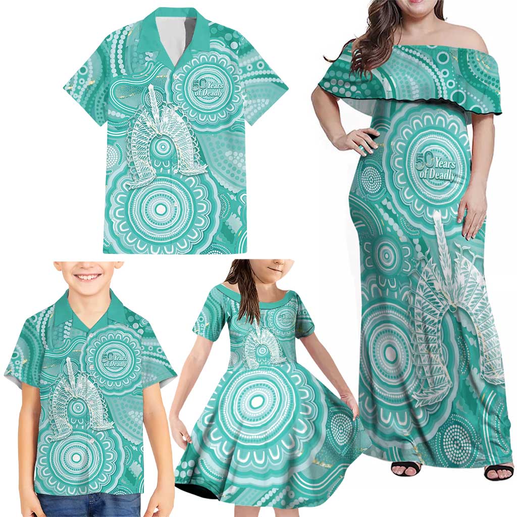 50 Years Deadly NAIDOC Week 2026 Personalised Family Matching Off Shoulder Maxi Dress and Hawaiian Shirt Dhari Cyan Indigenous Art