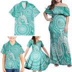 50 Years Deadly NAIDOC Week 2026 Personalised Family Matching Off Shoulder Maxi Dress and Hawaiian Shirt Dhari Cyan Indigenous Art