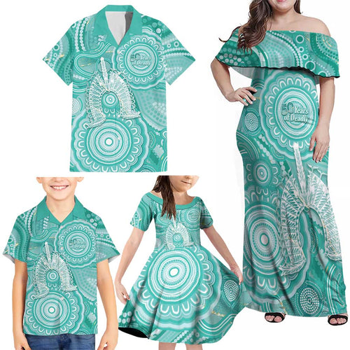 50 Years Deadly NAIDOC Week 2026 Personalised Family Matching Off Shoulder Maxi Dress and Hawaiian Shirt Dhari Cyan Indigenous Art
