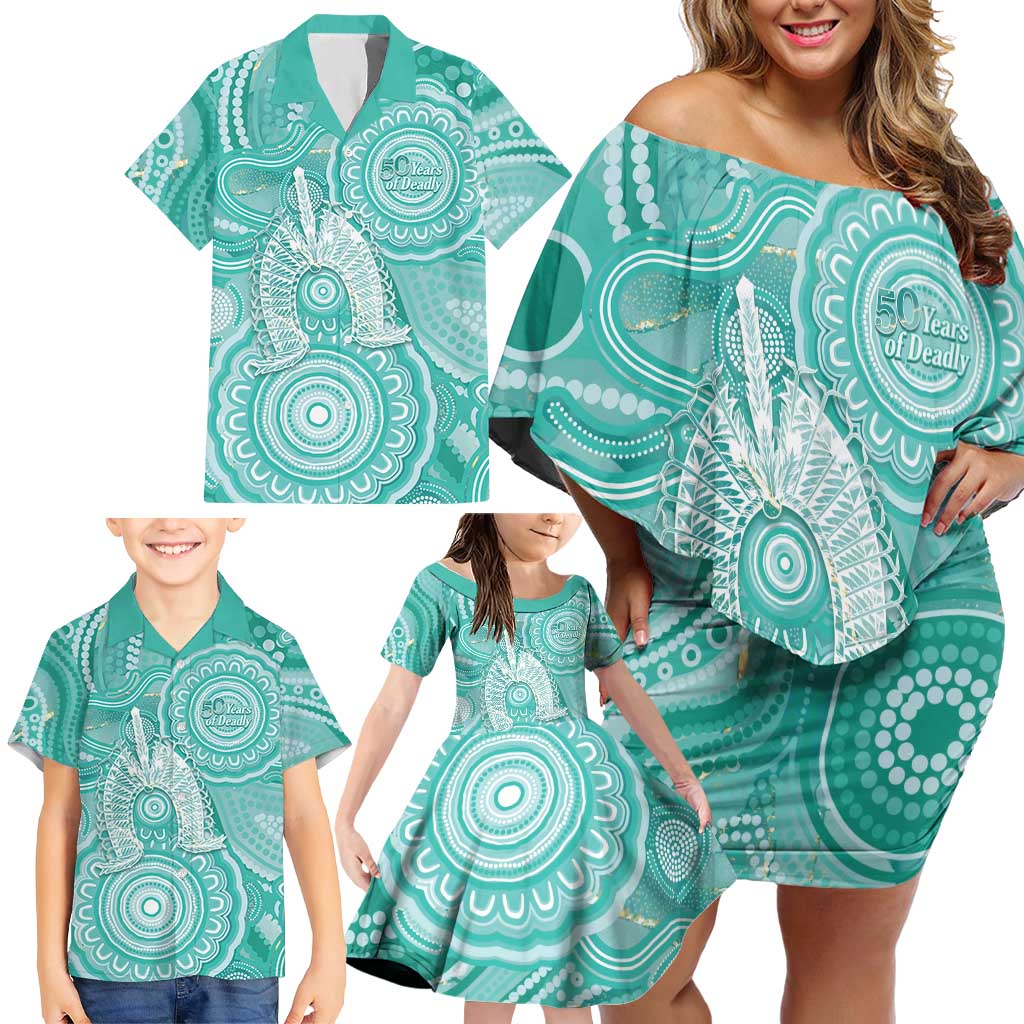 50 Years Deadly NAIDOC Week 2026 Personalised Family Matching Off Shoulder Short Dress and Hawaiian Shirt Dhari Cyan Indigenous Art