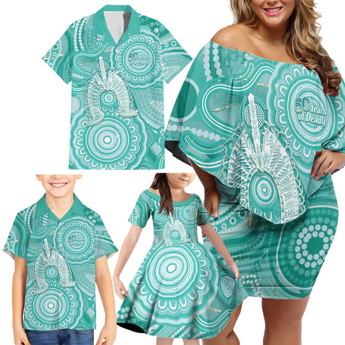 50 Years Deadly NAIDOC Week 2026 Personalised Family Matching Off Shoulder Short Dress and Hawaiian Shirt Dhari Cyan Indigenous Art